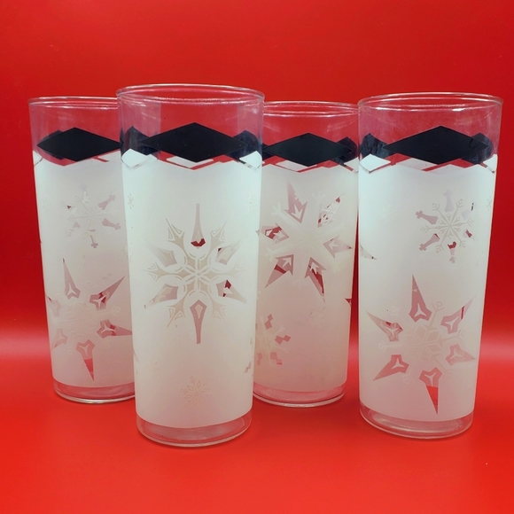 Anchor Hocking Frosted Snowflake Tall Glasses Tumblers Atomic MCM Black Diamonds - Picture 1 of 6
